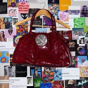 Red Patent Croc-Embossed Bag